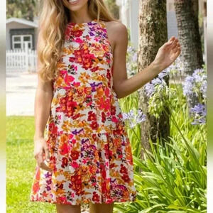 NWT NATURAL LIFE Halle Printed Halter Mini Dress 🧡 & 🩷